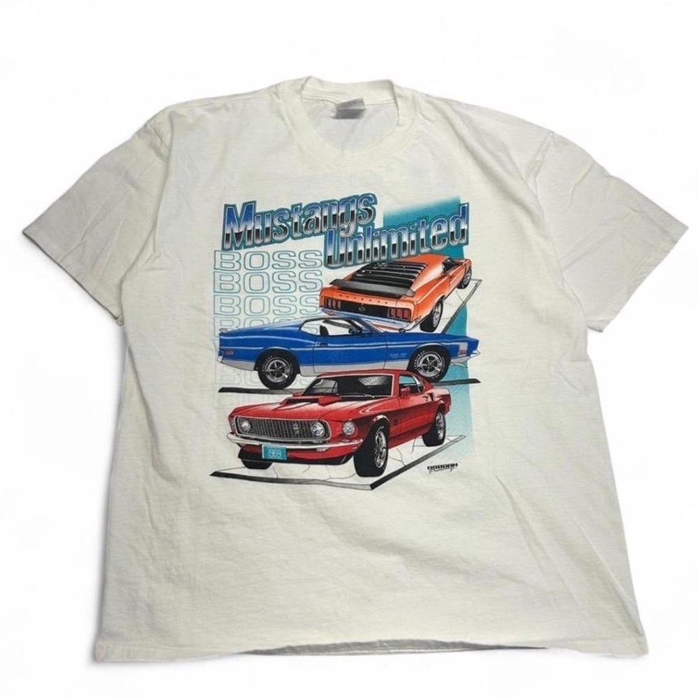 Vintage Hanes Beefy-T Mustangs Unlimited Boss Car Graphic T-Shirt White XL